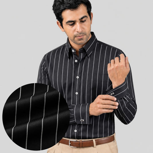 Black with White Stripes Premium Luxury Giza Cotton French Cuff Formal Shirt