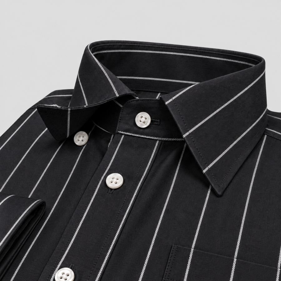 White-on-Black Stripe Egyptian Giza Cotton Formal Shirt for Men – Twill Weave & French Cuffs