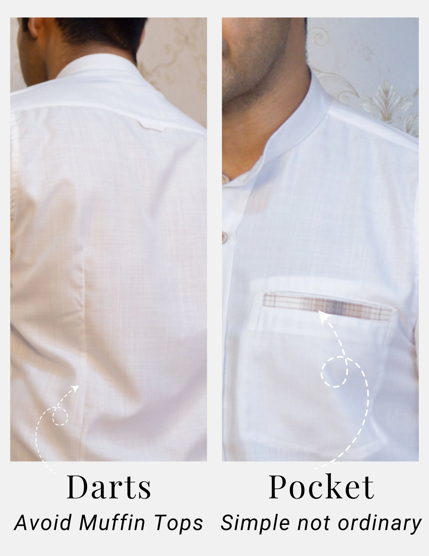 White Linen Shirt for Men – Mandarin Collar & Brown Check Contrast Details | Dignity | Back Darts and Pocket Detailing View