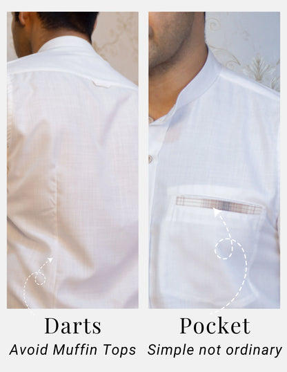 White Linen Shirt for Men – Mandarin Collar & Brown Check Contrast Details | Dignity | Back Darts and Pocket Detailing View