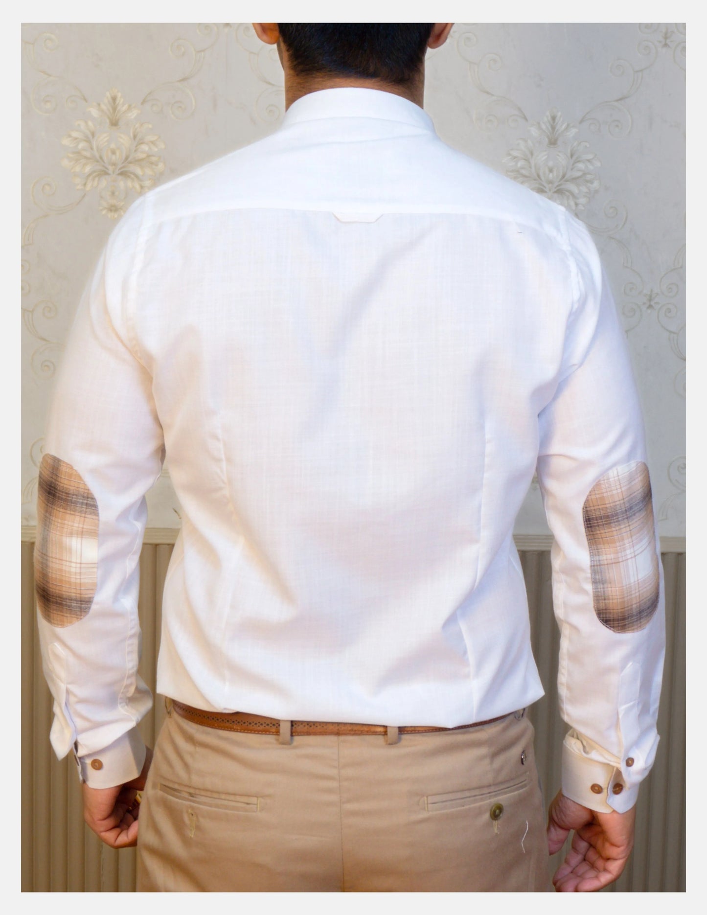 White Linen Shirt for Men – Mandarin Collar & Brown Check Contrast Details | Dignity | Back View