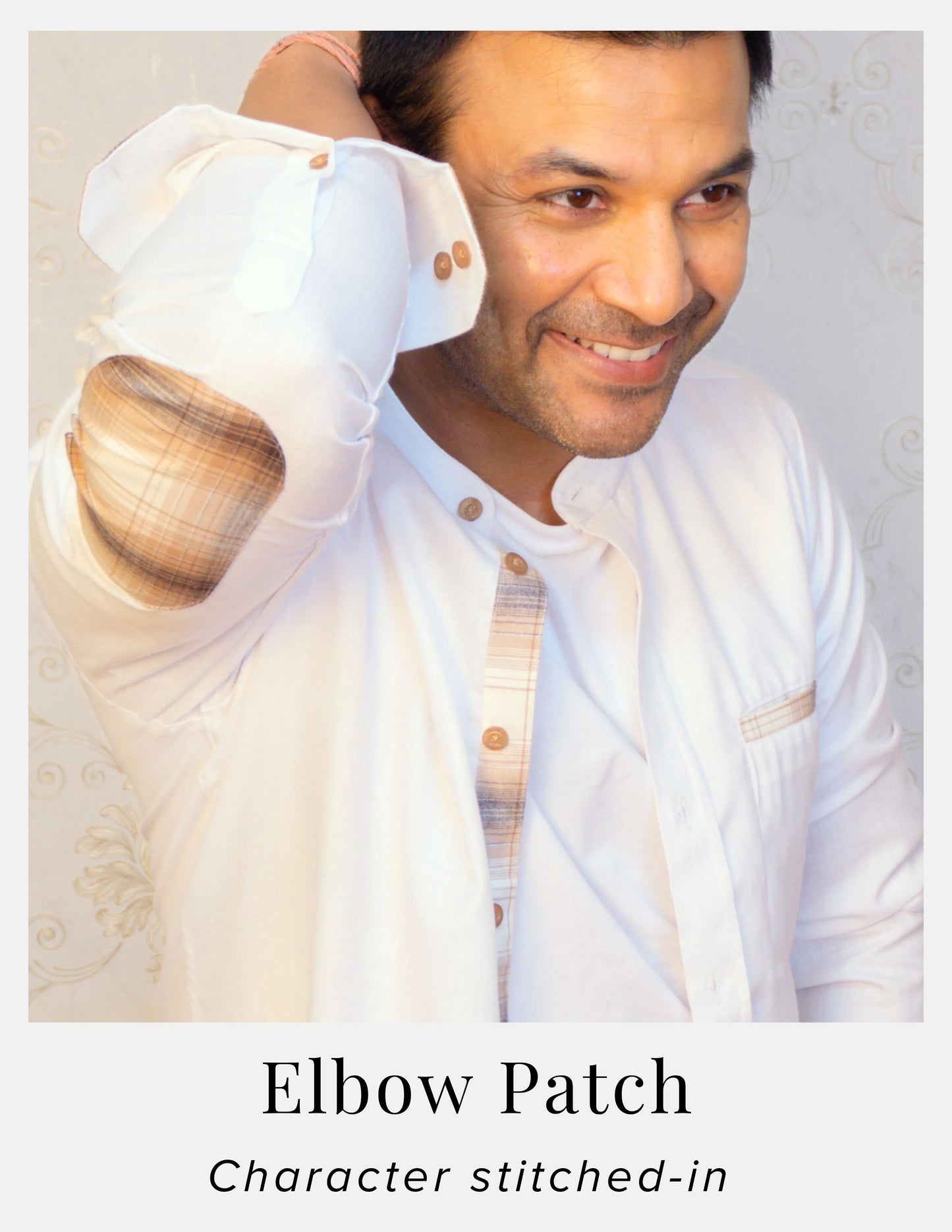 White Linen Shirt for Men – Mandarin Collar & Brown Check Contrast Details | Dignity | Brown Check Elbow Patch Detail View