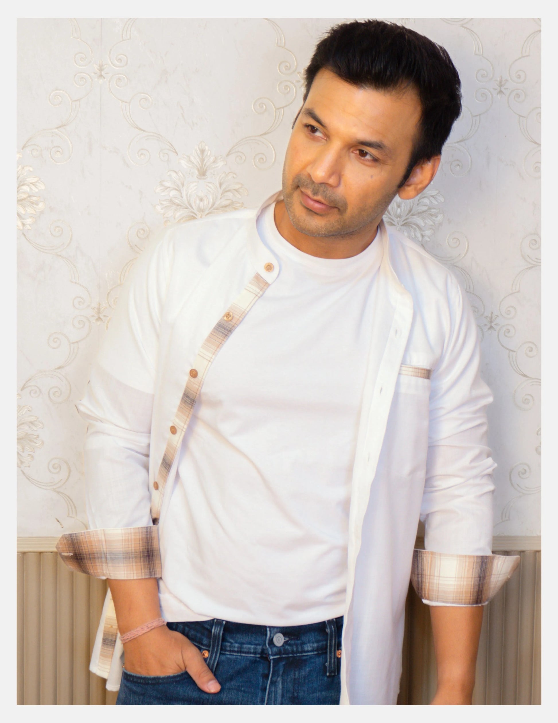 White Linen Shirt for Men – Mandarin Collar & Brown Check Contrast Details | Dignity | Casual Open-Button Look