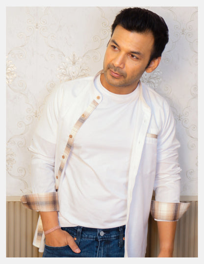 White Linen Shirt for Men – Mandarin Collar & Brown Check Contrast Details | Dignity | Casual Open-Button Look