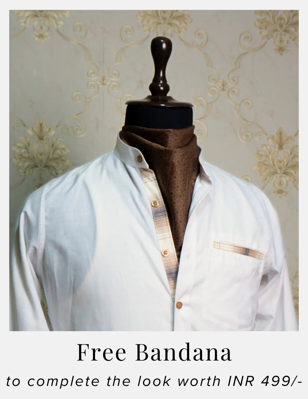 White Linen Shirt for Men – Mandarin Collar & Brown Check Contrast Details | Dignity | Complimentary Bandana Styling View