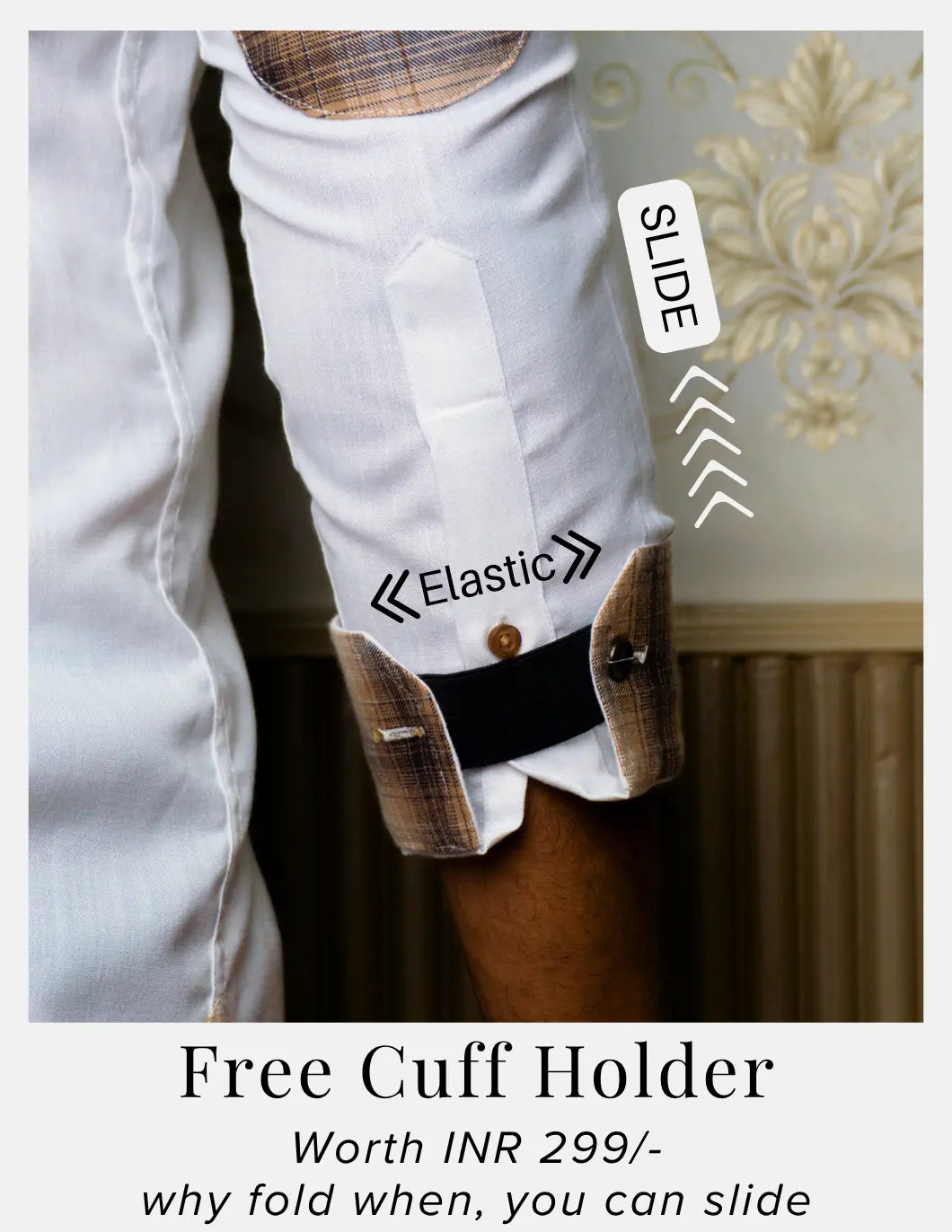 White Linen Shirt for Men – Mandarin Collar & Brown Check Contrast Details | Dignity | Complimentary Cuff Holder Detail View