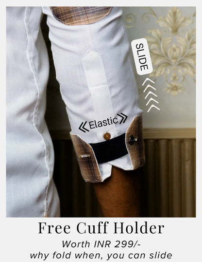 White Linen Shirt for Men – Mandarin Collar & Brown Check Contrast Details | Dignity | Complimentary Cuff Holder Detail View