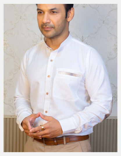 White Linen Shirt for Men – Mandarin Collar & Brown Check Contrast Details | Dignity | Hero Front View