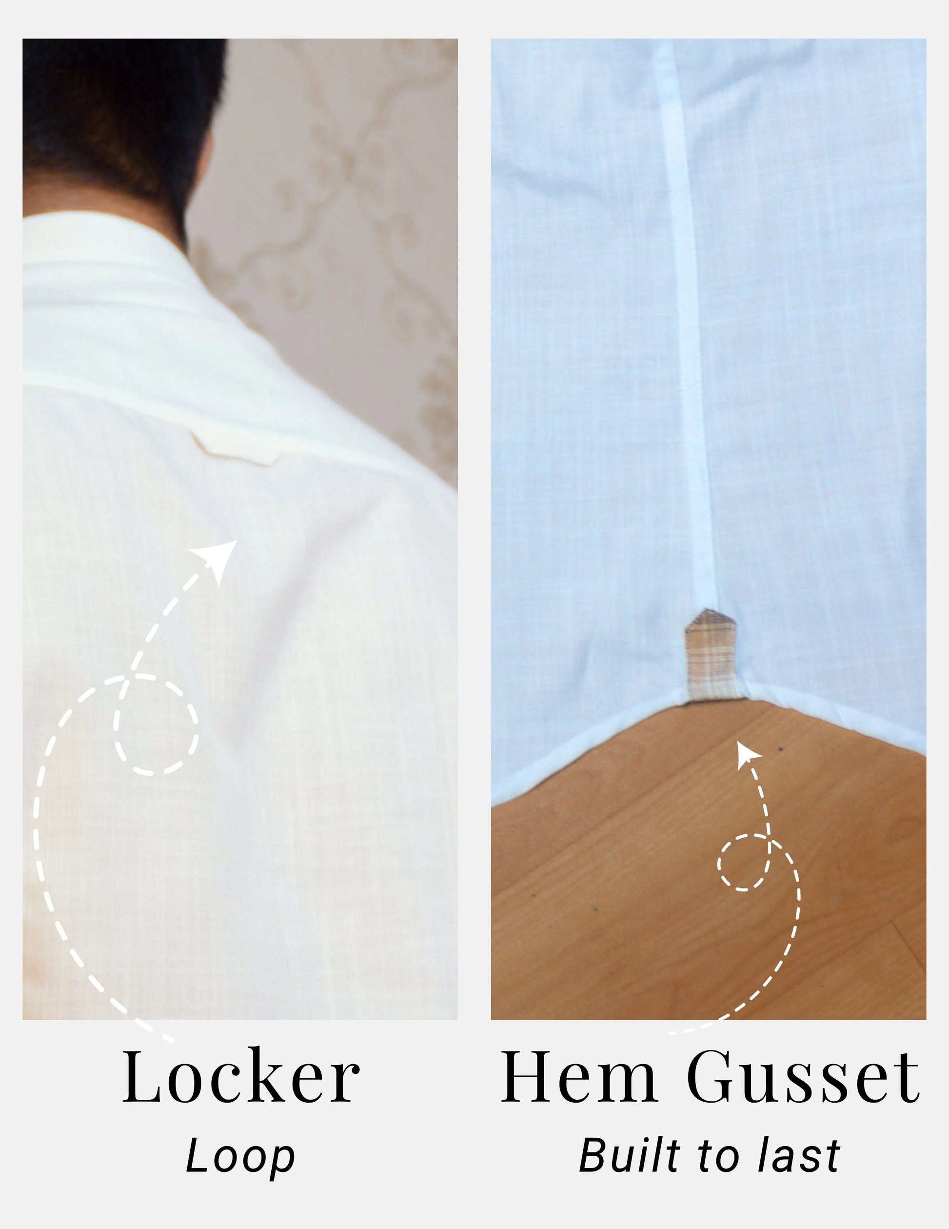 White Linen Shirt for Men – Mandarin Collar & Brown Check Contrast Details | Dignity | Locker Loop and Hem Gusset Detail View