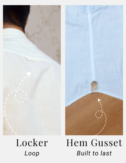White Linen Shirt for Men – Mandarin Collar & Brown Check Contrast Details | Dignity | Locker Loop and Hem Gusset Detail View