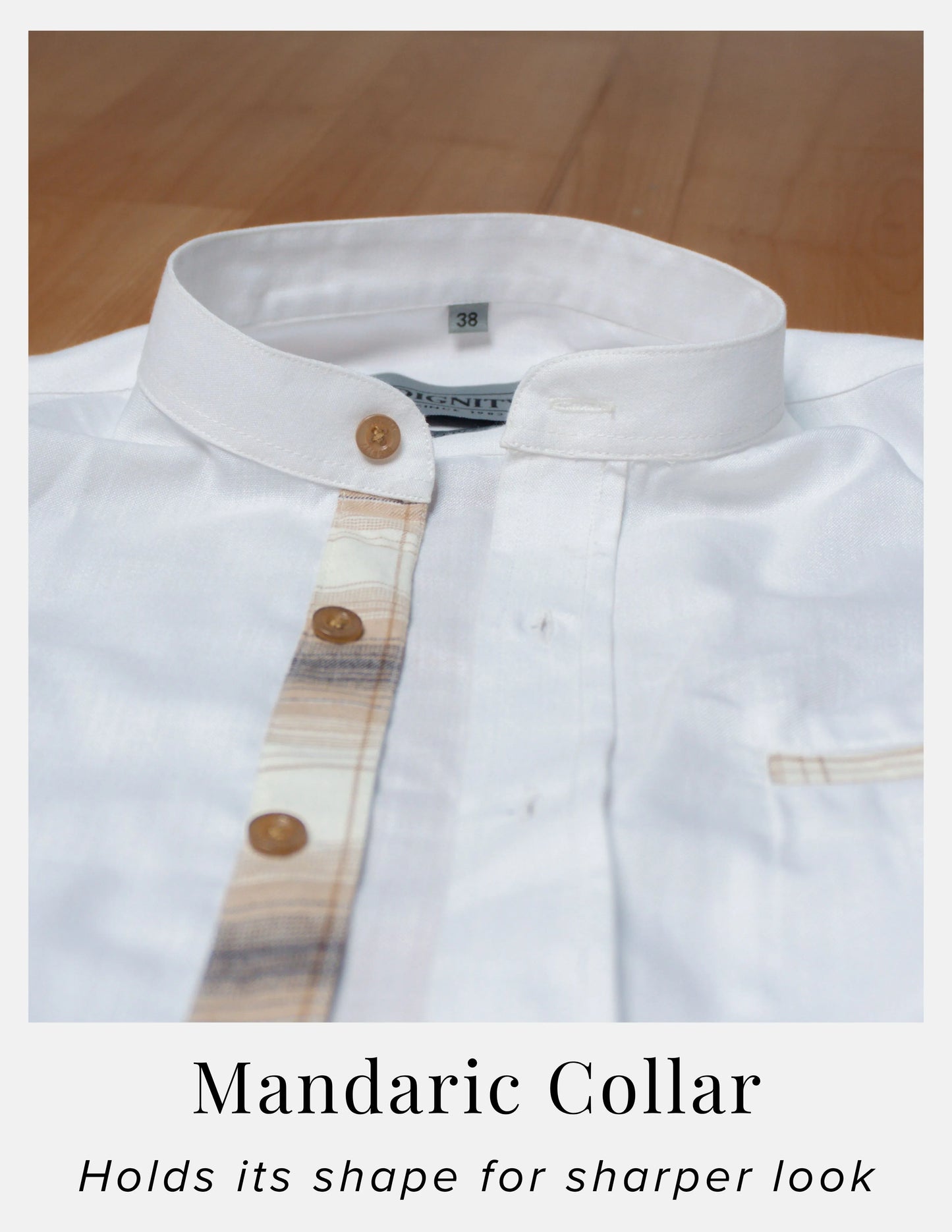 White Linen Shirt for Men – Mandarin Collar & Brown Check Contrast Details | Dignity | Mandarin Collar Detail View