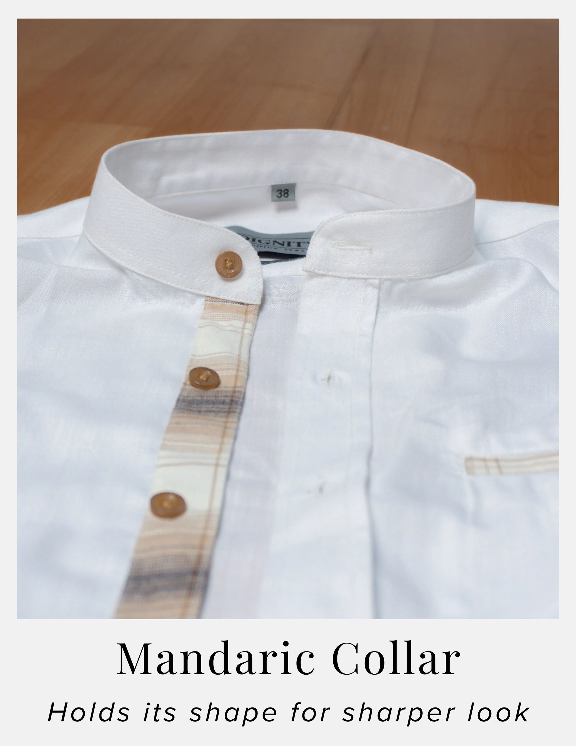 White Linen Shirt for Men – Mandarin Collar & Brown Check Contrast Details | Dignity | Mandarin Collar Detail View