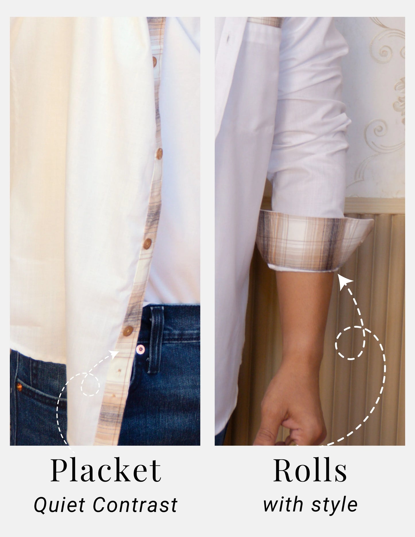White Linen Shirt for Men – Mandarin Collar & Brown Check Contrast Details | Dignity | Placket and Turn-Up Sleeve Detail View