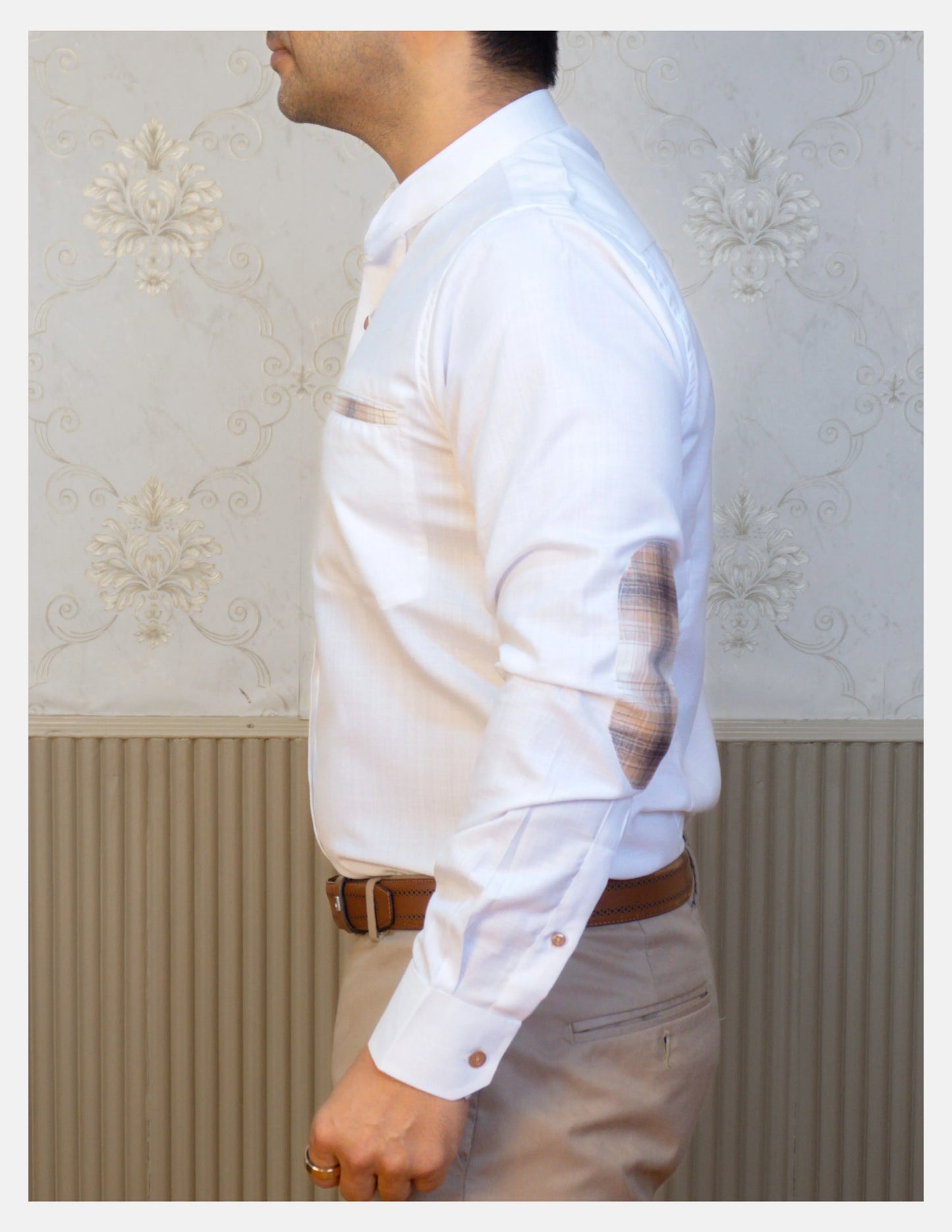 White Linen Shirt for Men – Mandarin Collar & Brown Check Contrast Details | Dignity | Side View with Elbow Patch