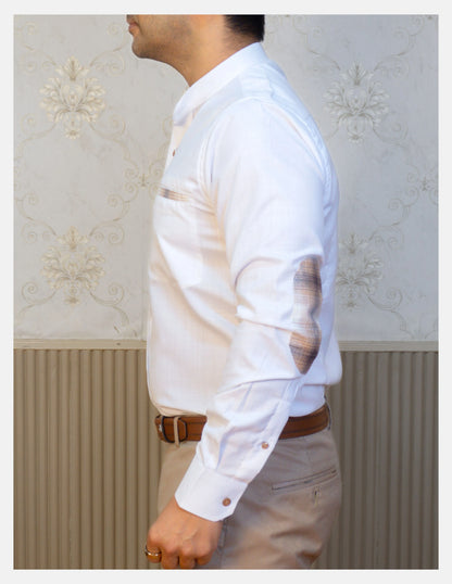 White Linen Shirt for Men – Mandarin Collar & Brown Check Contrast Details | Dignity | Side View with Elbow Patch