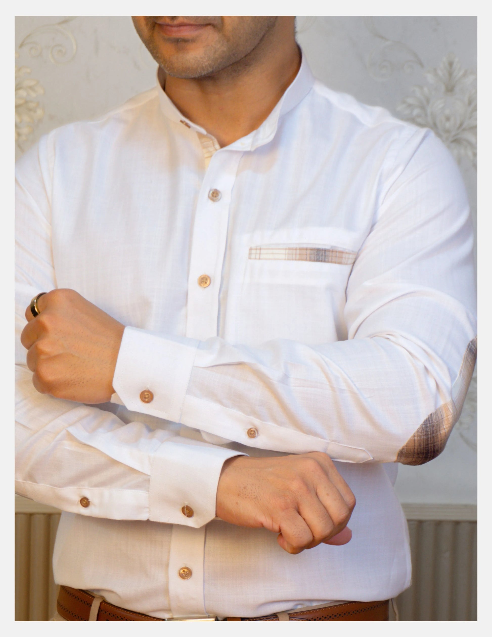 White Linen Shirt for Men – Mandarin Collar & Brown Check Contrast Details | Dignity | Sleeve Close-Up View