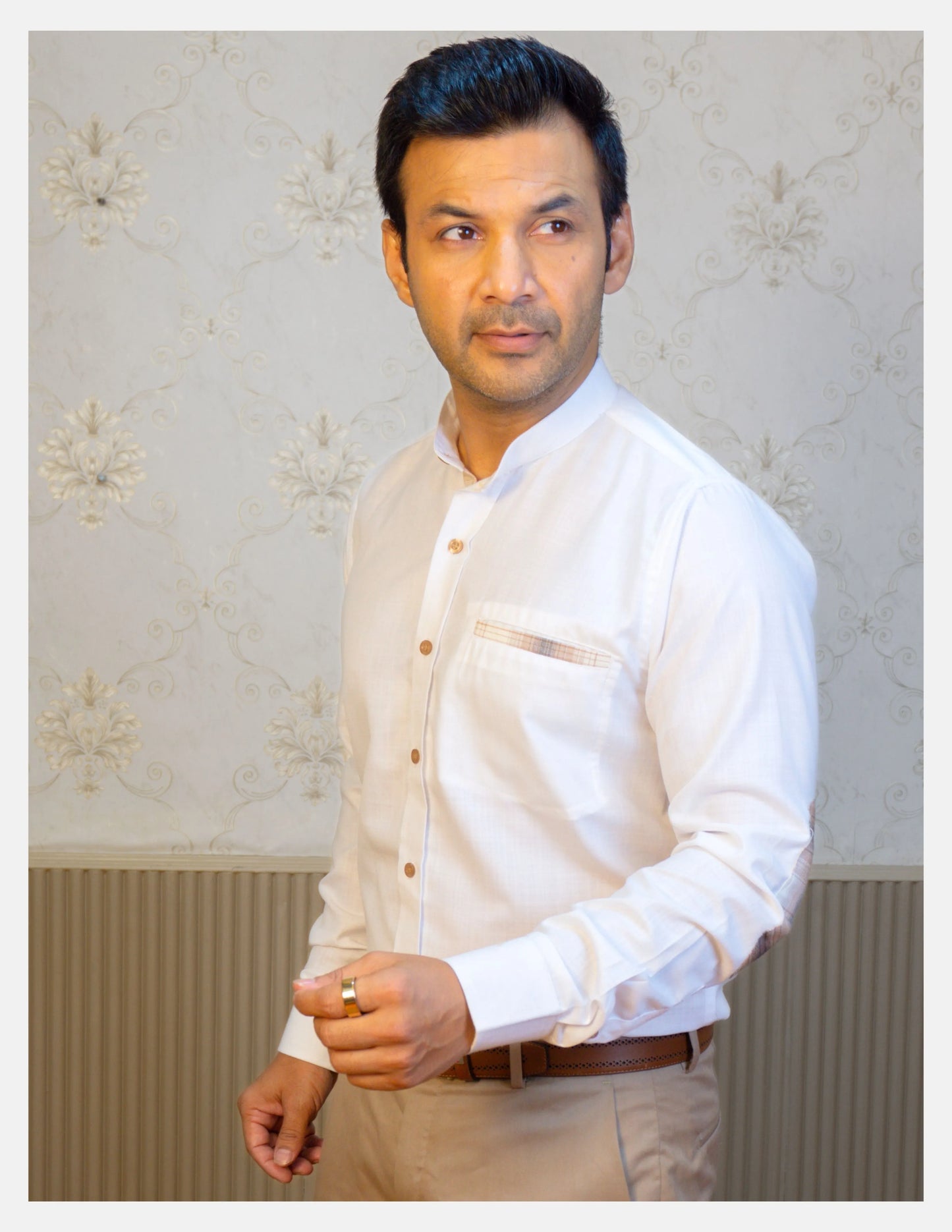 White Linen Shirt for Men – Mandarin Collar & Brown Check Contrast Details | Dignity | Tucked-In Walking View