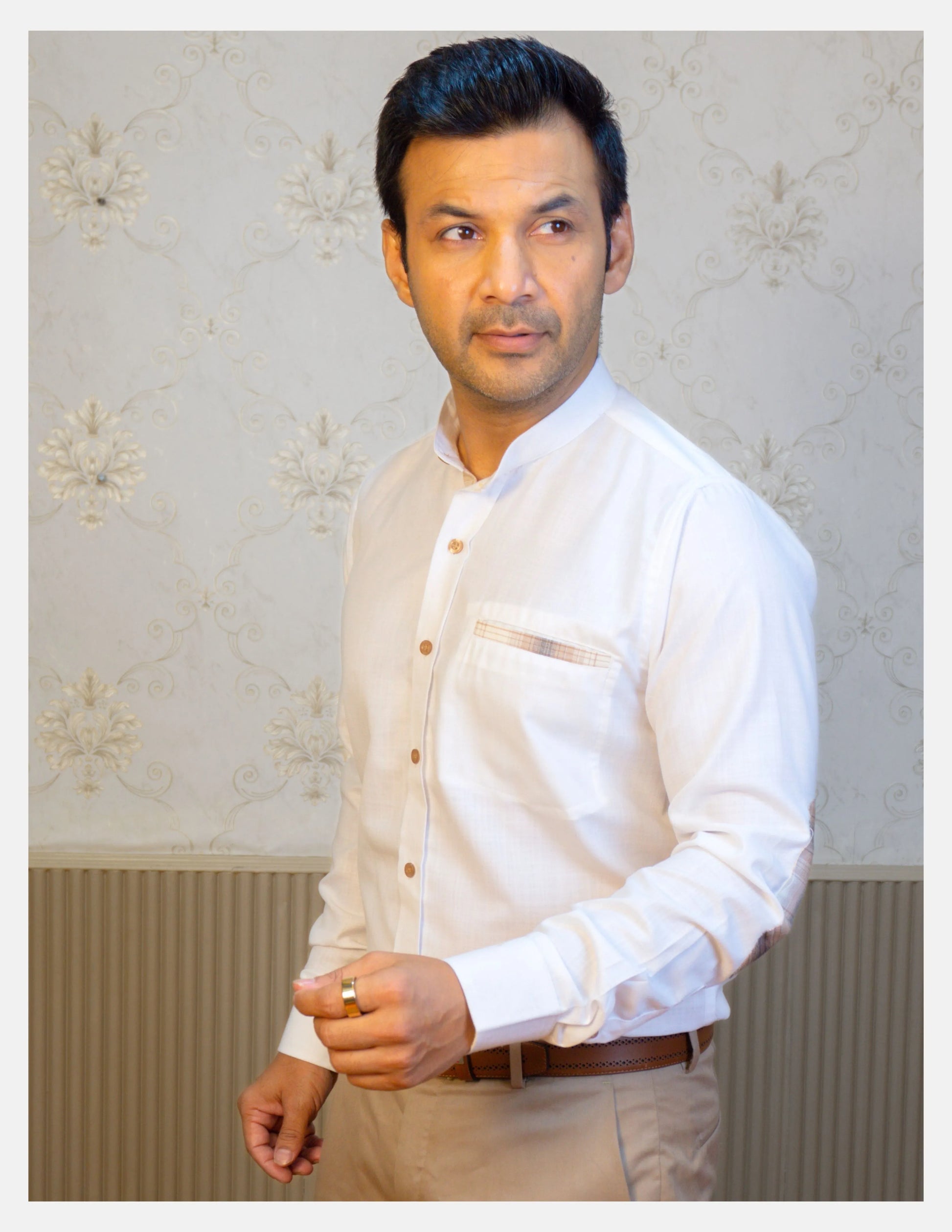 White Linen Shirt for Men – Mandarin Collar & Brown Check Contrast Details | Dignity | Tucked-In Walking View