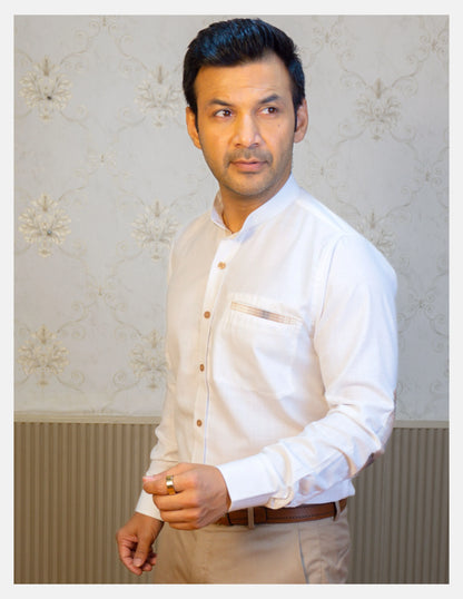 White Linen Shirt for Men – Mandarin Collar & Brown Check Contrast Details | Dignity | Tucked-In Walking View