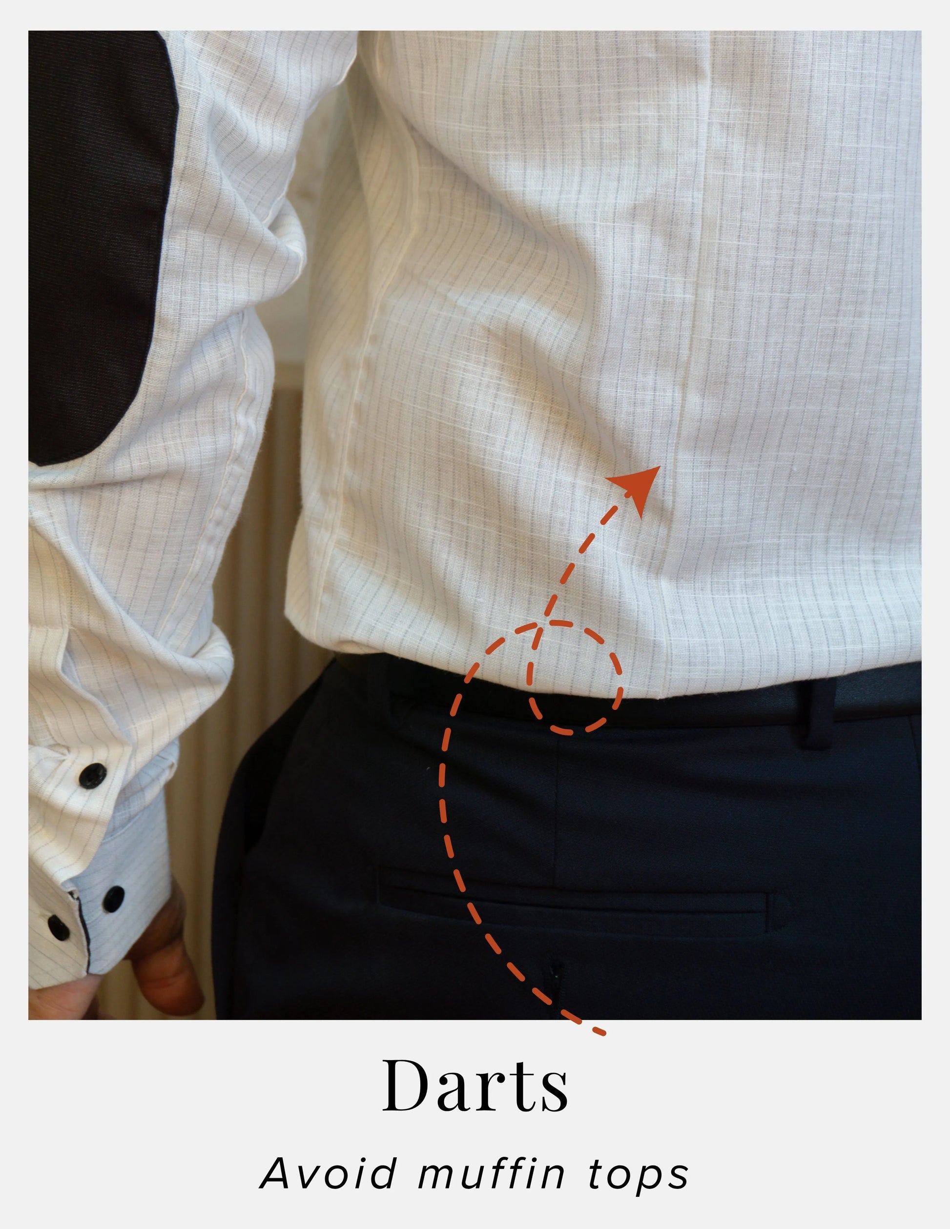 White Pinstripe Linen Shirt for Men – Mandarin Collar & Black Contrast Details | Dignity | Back Darts Detail View