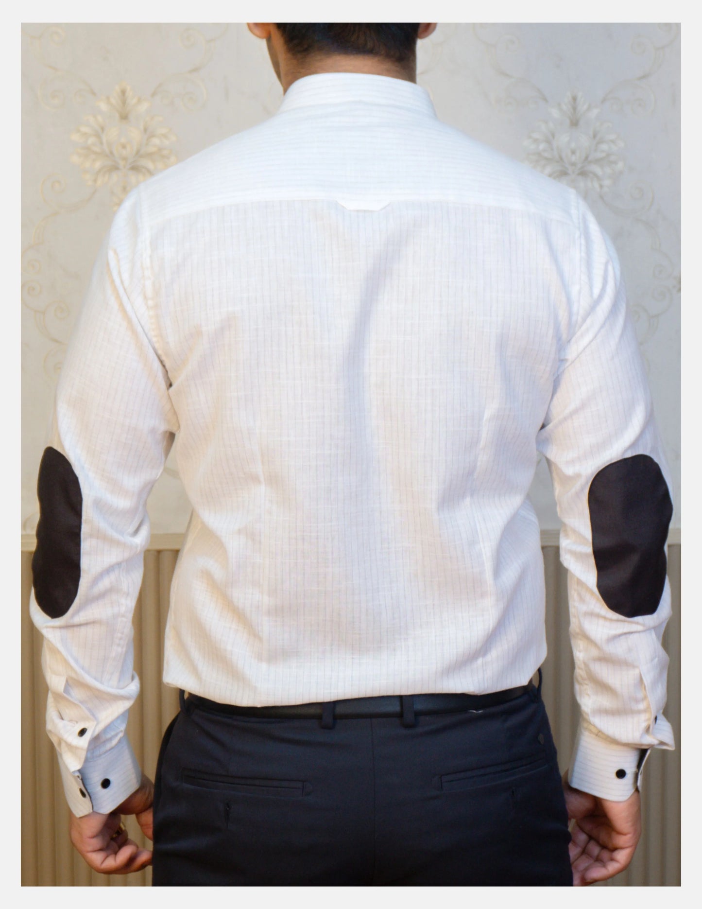 White Pinstripe Linen Shirt for Men – Mandarin Collar & Black Contrast Details | Dignity | Back View