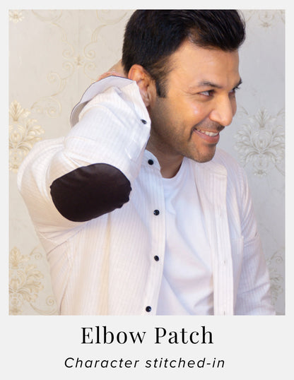 White Pinstripe Linen Shirt for Men – Mandarin Collar & Black Contrast Details | Dignity | Black Elbow Patch Detail View