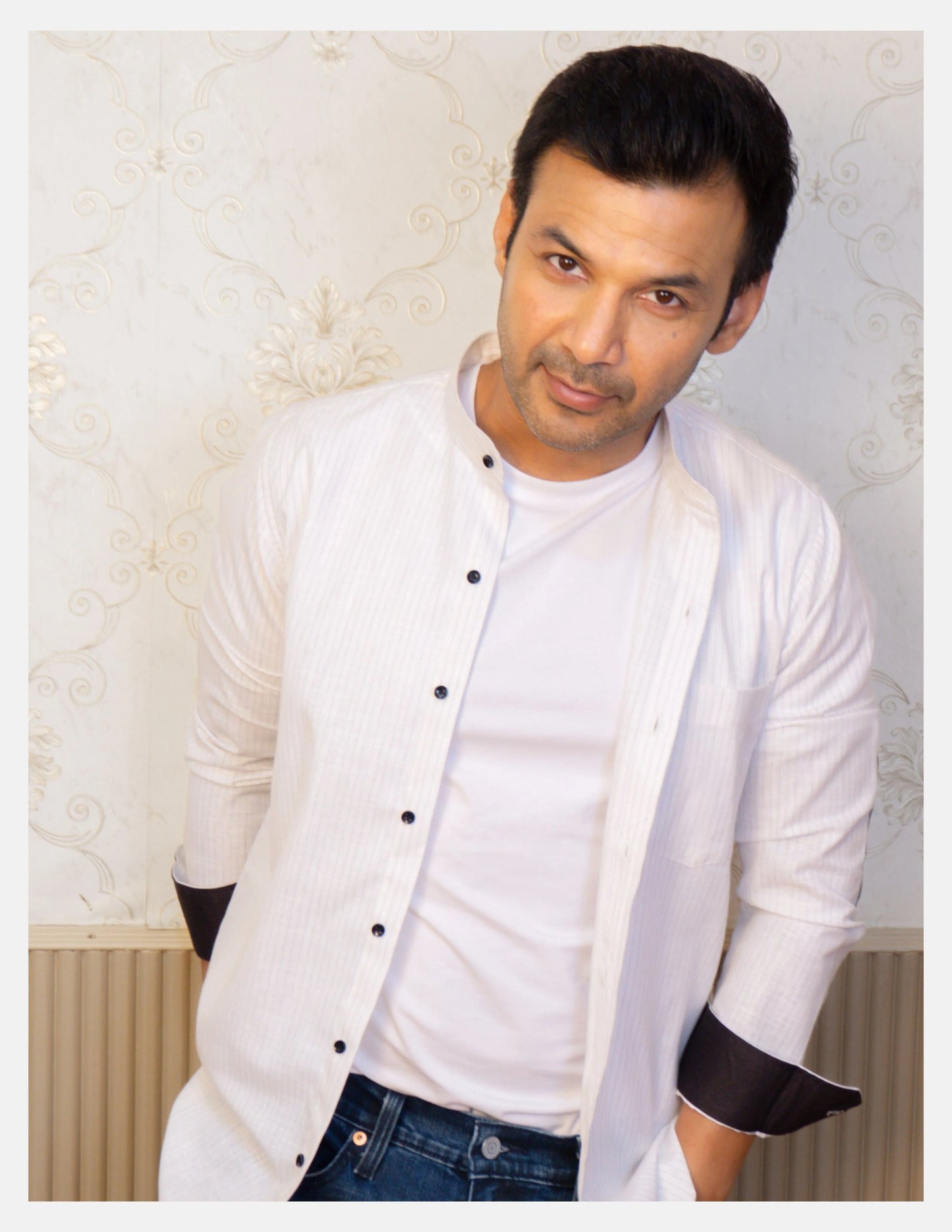 White Pinstripe Linen Shirt for Men – Mandarin Collar & Black Contrast Details | Dignity | Casual Open-Button Look