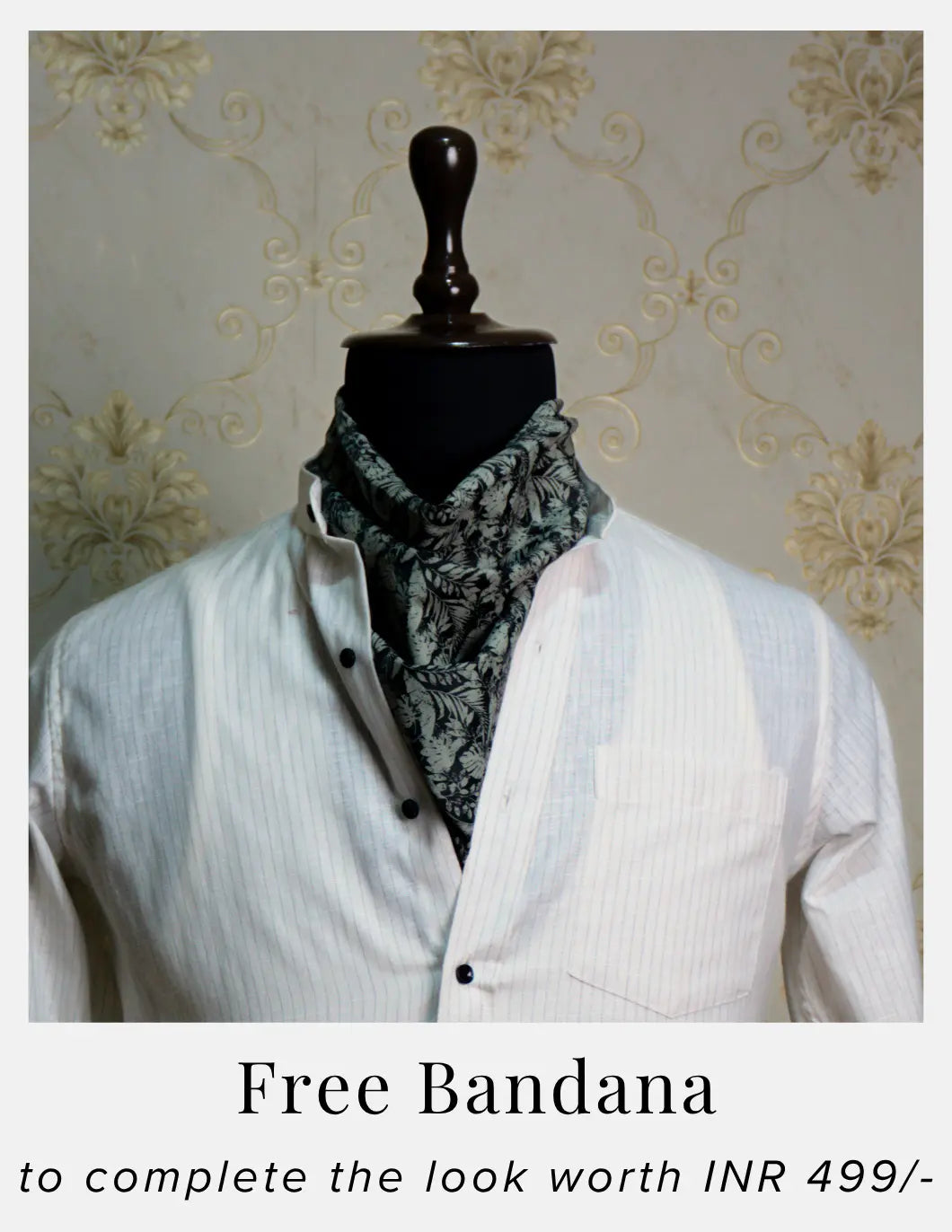 White Pinstripe Linen Shirt for Men – Mandarin Collar & Black Contrast Details | Dignity | Complimentary Bandana Styling View