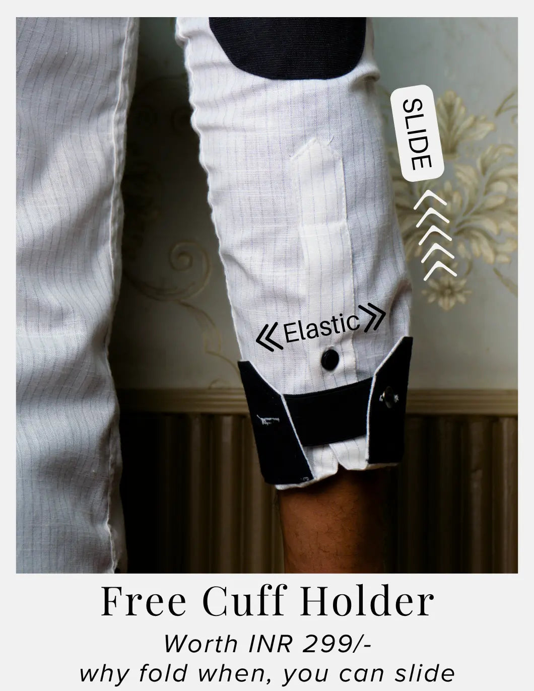 White Pinstripe Linen Shirt for Men – Mandarin Collar & Black Contrast Details | Dignity | Complimentary Cuff Holder Detail View