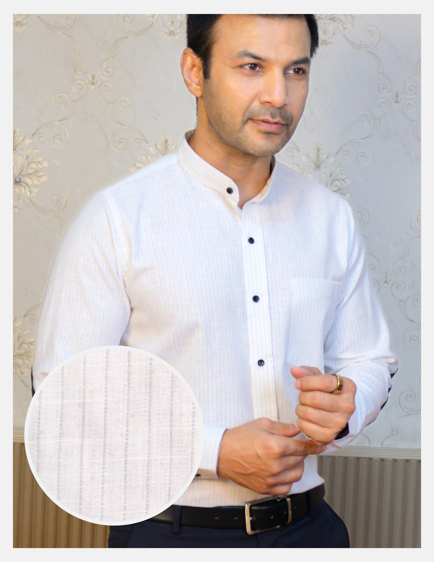 White Pinstripe Linen Shirt for Men – Mandarin Collar & Black Contrast Details | Dignity | Hero Front View