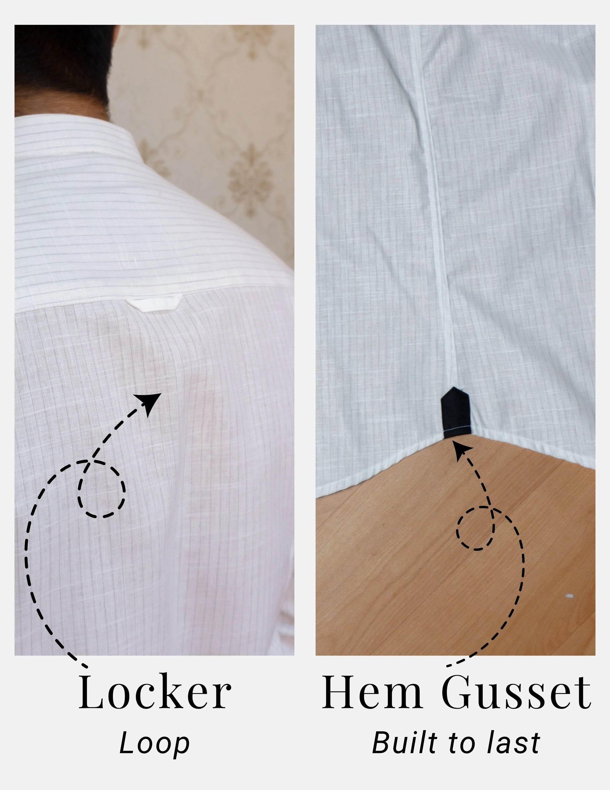 White Pinstripe Linen Shirt for Men – Mandarin Collar & Black Contrast Details | Dignity | Locker Loop and Hem Gusset Detail View
