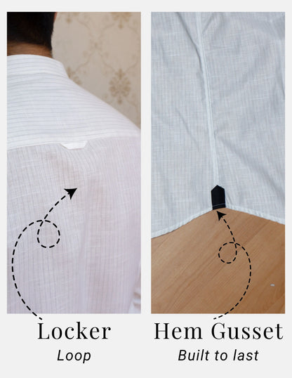 White Pinstripe Linen Shirt for Men – Mandarin Collar & Black Contrast Details | Dignity | Locker Loop and Hem Gusset Detail View
