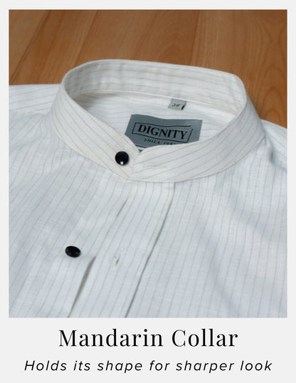 White Pinstripe Linen Shirt for Men – Mandarin Collar & Black Contrast Details | Dignity | Mandarin Collar Detail View
