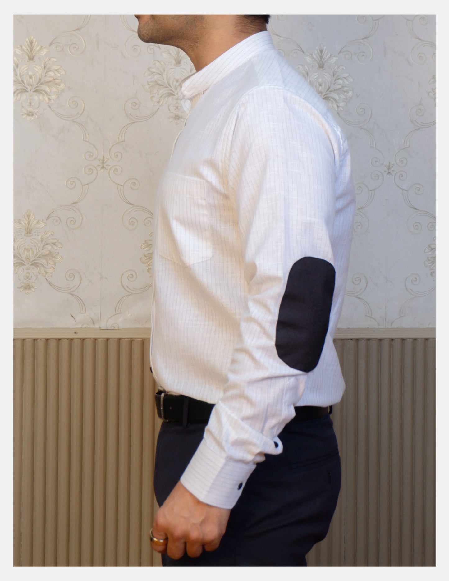 White Pinstripe Linen Shirt for Men – Mandarin Collar & Black Contrast Details | Dignity | Side View with Elbow Patch