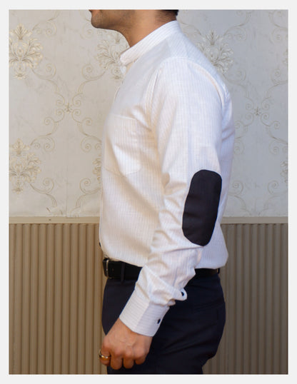 White Pinstripe Linen Shirt for Men – Mandarin Collar & Black Contrast Details | Dignity | Side View with Elbow Patch