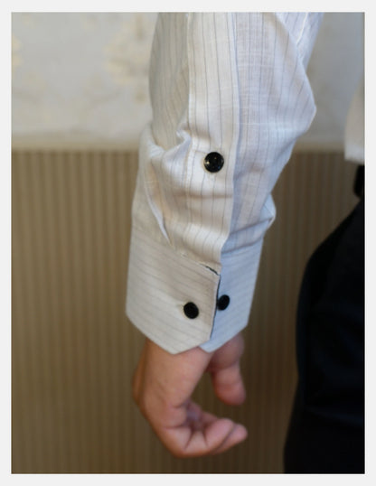 White Pinstripe Linen Shirt for Men – Mandarin Collar & Black Contrast Details | Dignity | Sleeve Close-Up View
