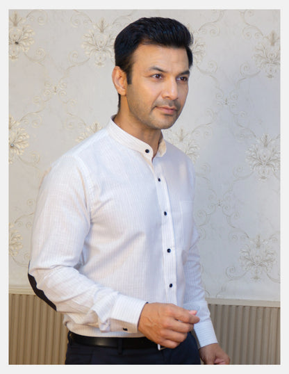 White Pinstripe Linen Shirt for Men – Mandarin Collar & Black Contrast Details | Dignity | Tucked-In Walking View
