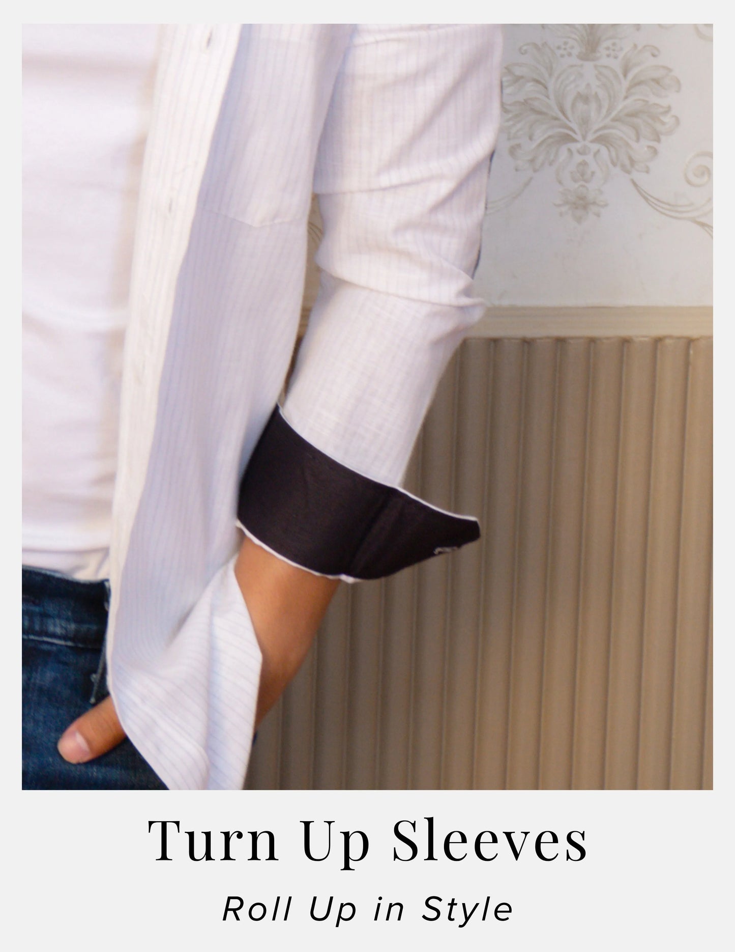 White Pinstripe Linen Shirt for Men – Mandarin Collar & Black Contrast Details | Dignity | Turn-Up Sleeve Detail View