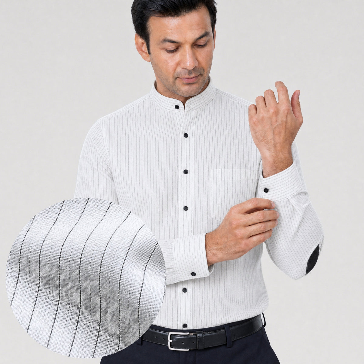 White Pinstripe Linen Shirt for Men – Mandarin Collar & Black Contrast Details