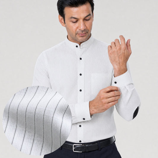 White Pinstripe Linen Shirt for Men – Mandarin Collar & Black Contrast Details