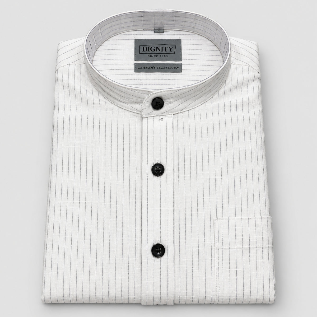 White Pinstripe Linen Shirt for Men – Mandarin Collar & Black Contrast Details
