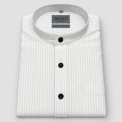 White Pinstripe Linen Shirt for Men – Mandarin Collar & Black Contrast Details