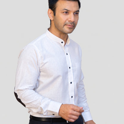 White Pinstripe Linen Shirt for Men – Mandarin Collar & Black Contrast Details