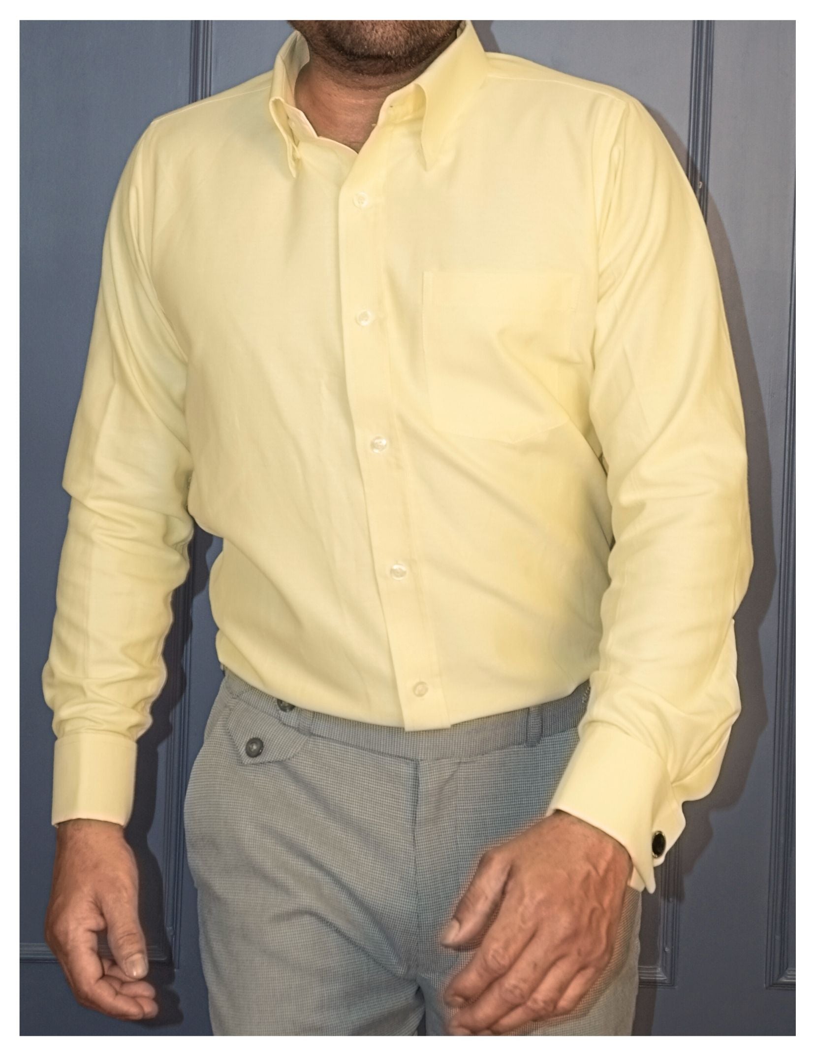 Yellow Oxford Formal Shirt for men with French Cuffs and Concealed Button Down Collar | Dignity | Walking View