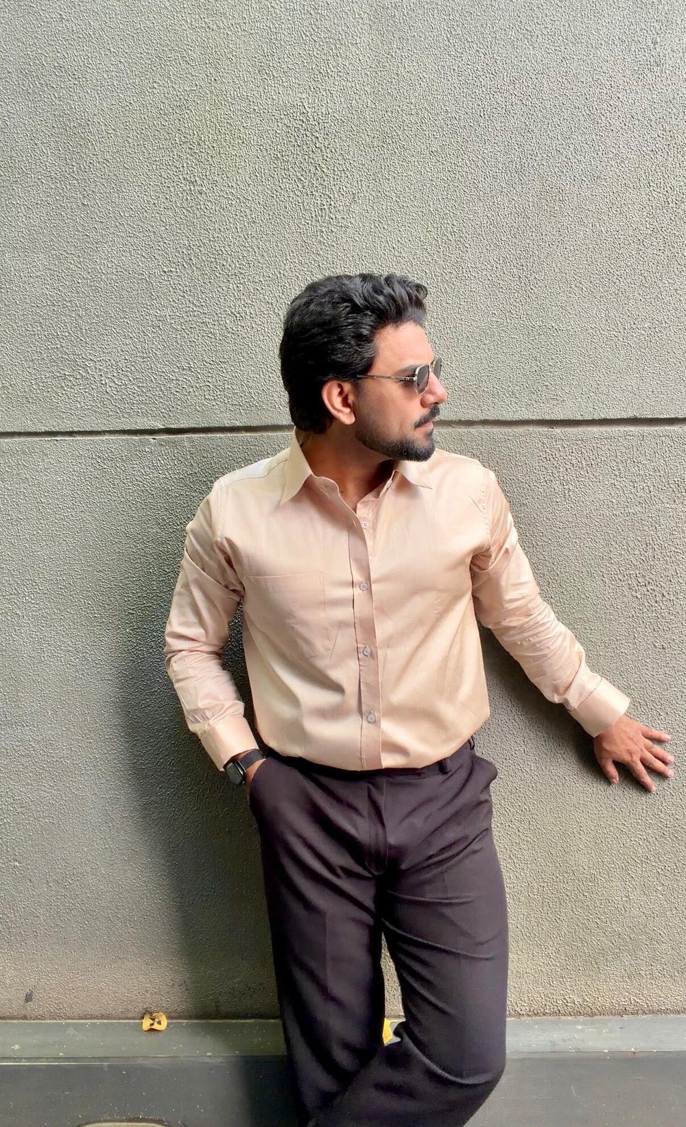 Shahnawaz wearing the Dignity Beige Cotton Satin Shirt