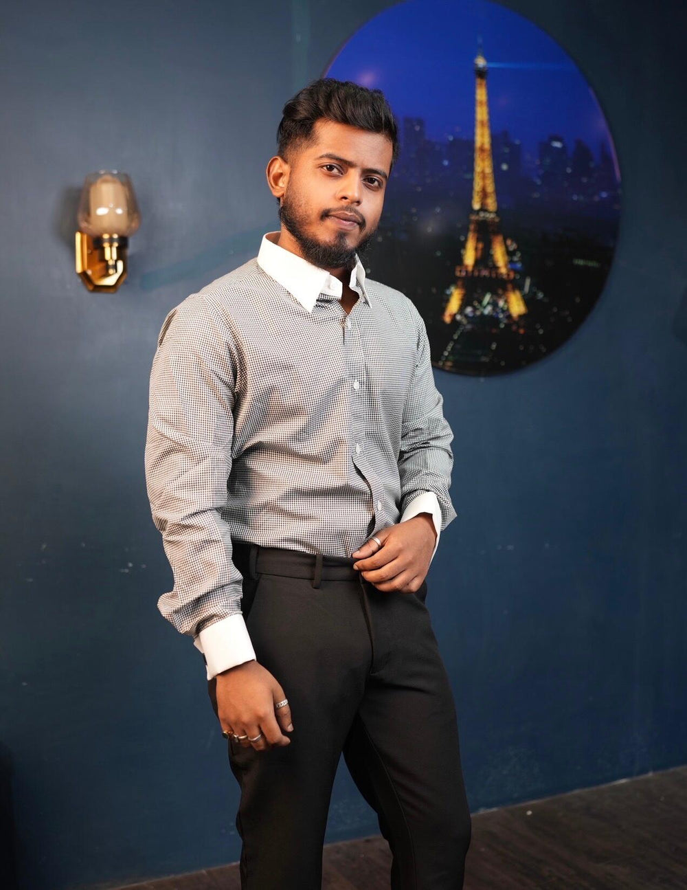 Shouvik wearing the Dignity Black Check Shirt