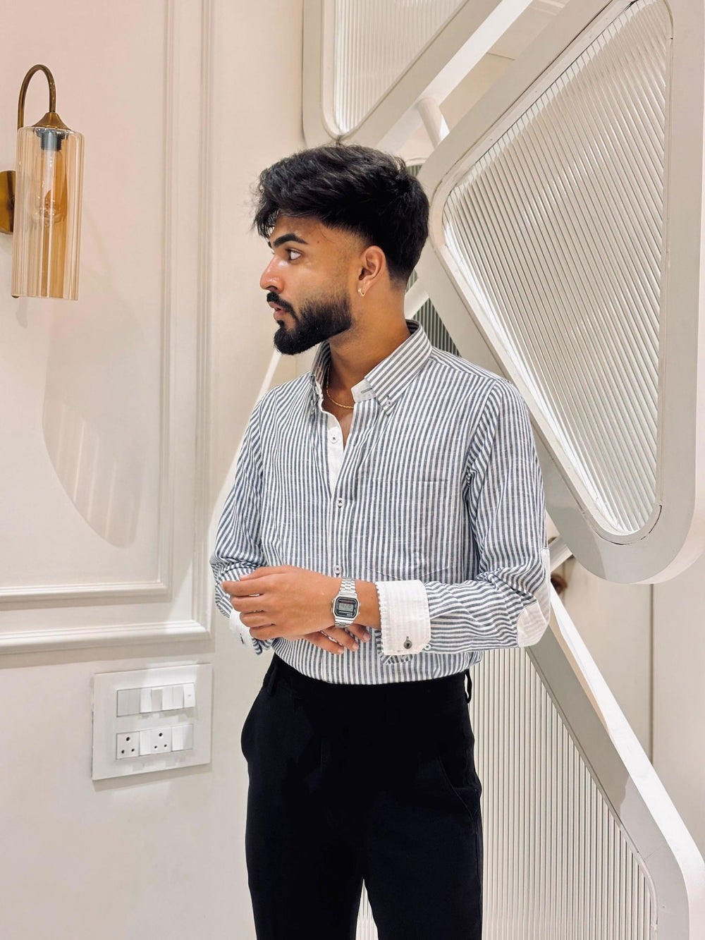 Aksh jain wearing the Dignity Blue Striped Linen Shirt