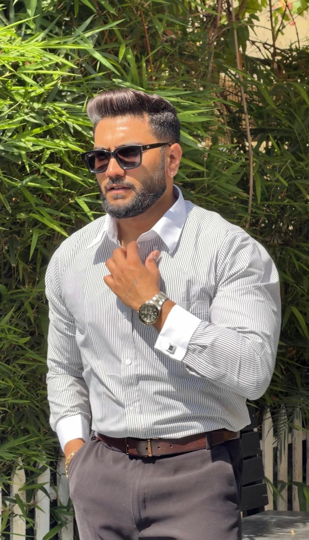 Garvit khetrapal wearing the Dignity Grey Banker Stripe Shirt