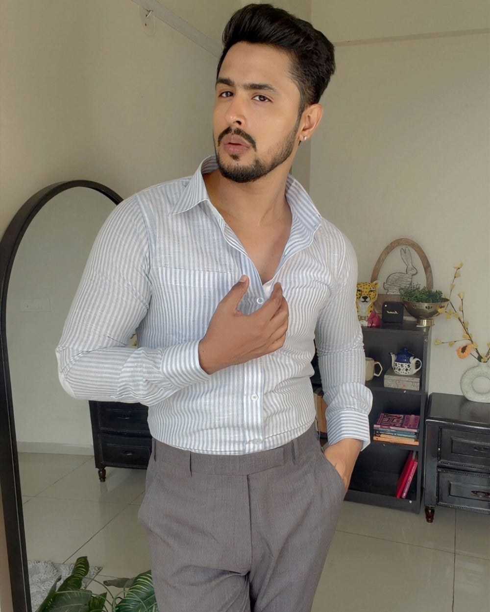 Kaushal wearing the Dignity Light Blue Linen Shirt