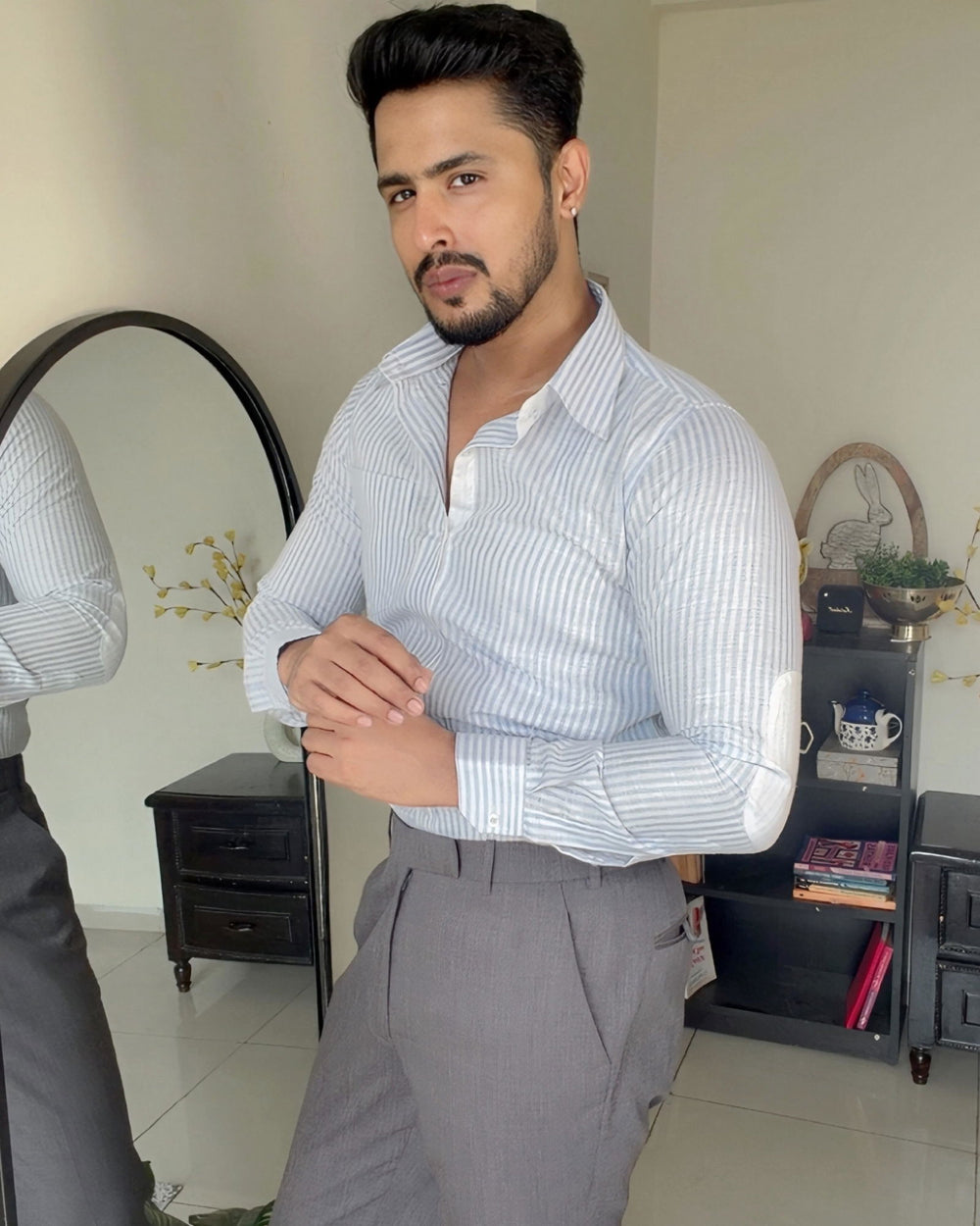 Kaushal wearing the Dignity Light Blue Linen Shirt